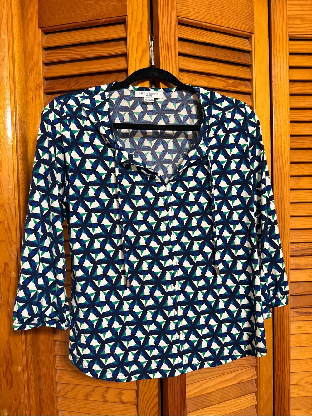 Liz Claiborne Navy, White & Teal Geometric Print Blouse